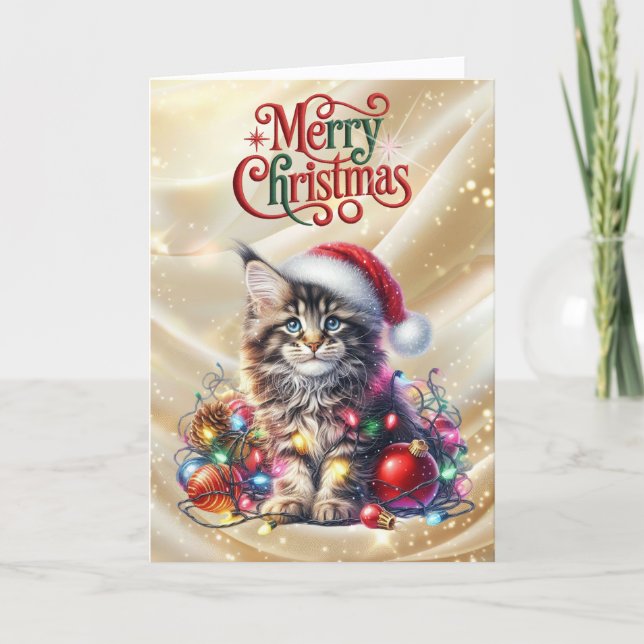 Tarjeta Festiva Cute Cat and String Lights Christmas (Anverso)