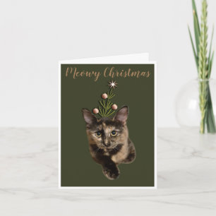 Tarjeta Festiva Cute Cat Green Meowy Navidades Card