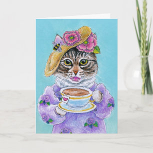 Tarjeta Festiva Cute Cat Tea Flowers Bee Love card