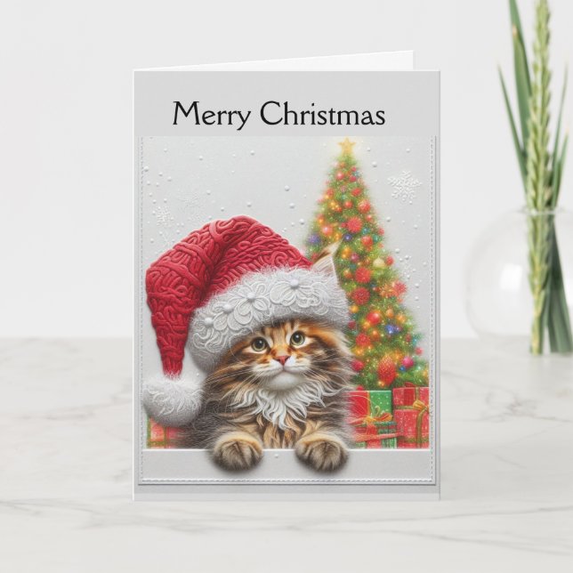 Tarjeta Festiva Cute Cat with Santa Hat Christmas  (Anverso)