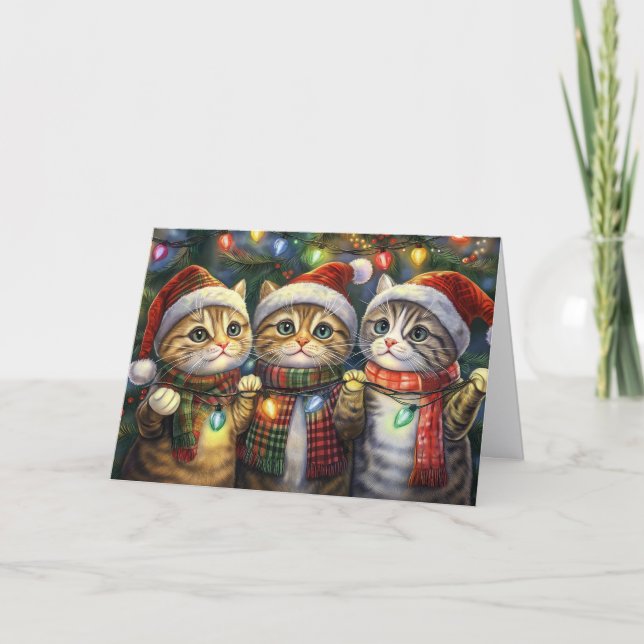 Tarjeta Festiva Cute Cats and String Lights (Anverso)