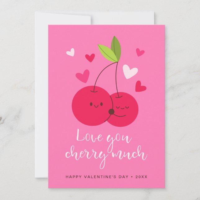 Tarjeta Festiva Cute Cherries Love Hearts Valentine's Day (Anverso)