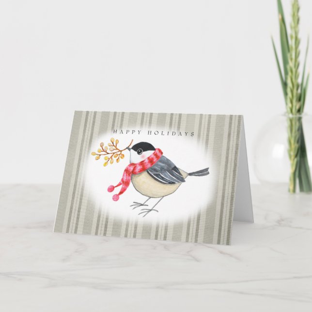 Tarjeta Festiva Cute Chickadee con bufanda roja Felices Fiestas (Anverso)