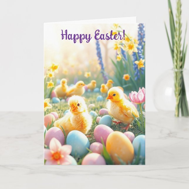 Tarjeta Festiva Cute chicks y huevos de Pascua (Anverso)