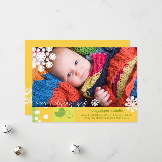 Tarjeta Festiva Cute Chicks Y Whimsical Snowflakes Foto Nacimiento (Anverso/Reverso In Situ)