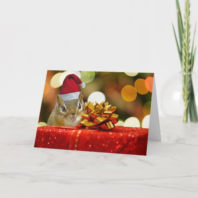 Tarjeta Festiva Cute Chipmunk Merry Christmas (Semi-Gloss) (Anverso)