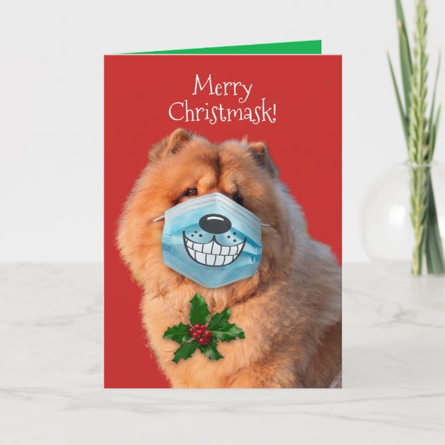 Tarjeta Festiva Cute Chow con máscara sonriente de cara - Merry Ch (Anverso)