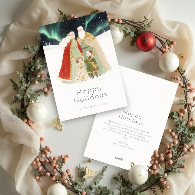 Tarjeta Festiva Cute Christmas Aurora Borealis Nordic Family (Cute Christmas Aurora Borealis Nordic Family Holiday Cards. )