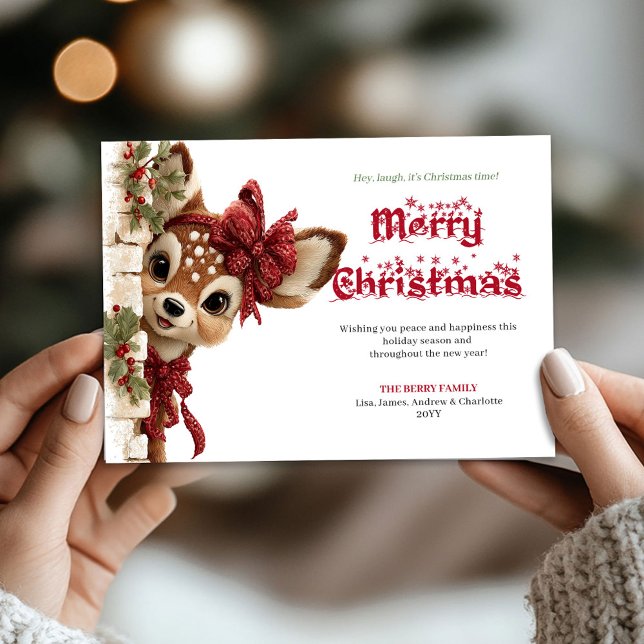 Tarjeta Festiva Cute Christmas baby fawn peeking woodland card (Cute Christmas baby fawn peeking woodland card)