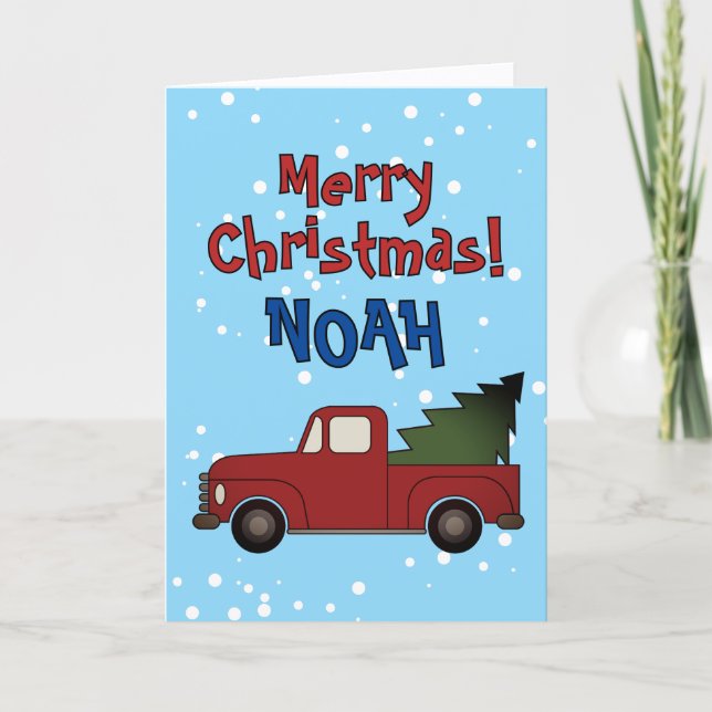 Tarjeta Festiva Cute Christmas card for kids. Red truck with tree (Anverso)