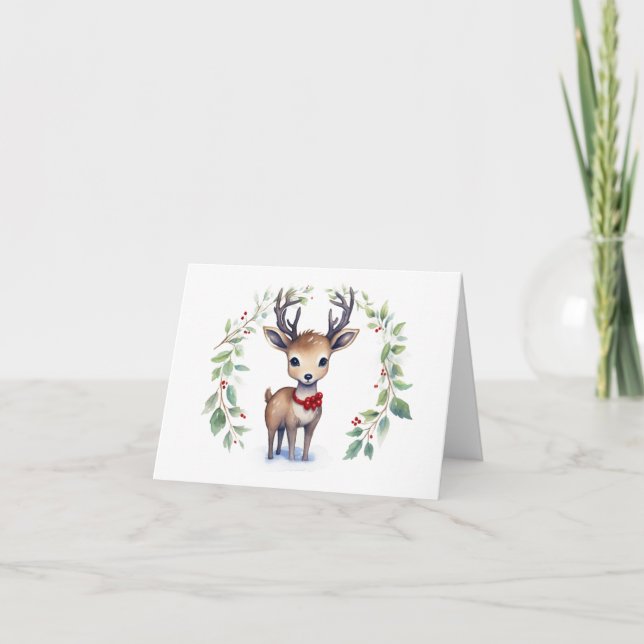 Tarjeta Festiva Cute Christmas Deer con corona navideña en blanco  (Anverso)