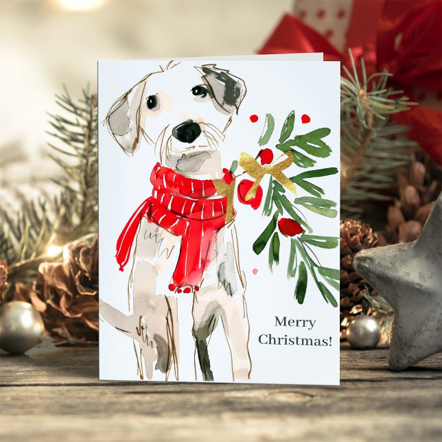 Tarjeta Festiva Cute Christmas Dog with Scarf and Greenery (Subido por el creador)