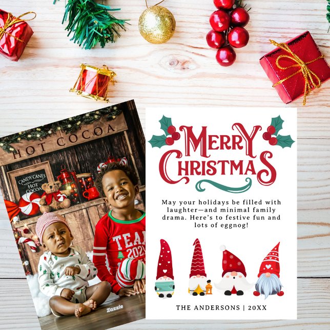 Tarjeta Festiva Cute Christmas Gnomes Custom Greetings and Photo (Subido por el creador)