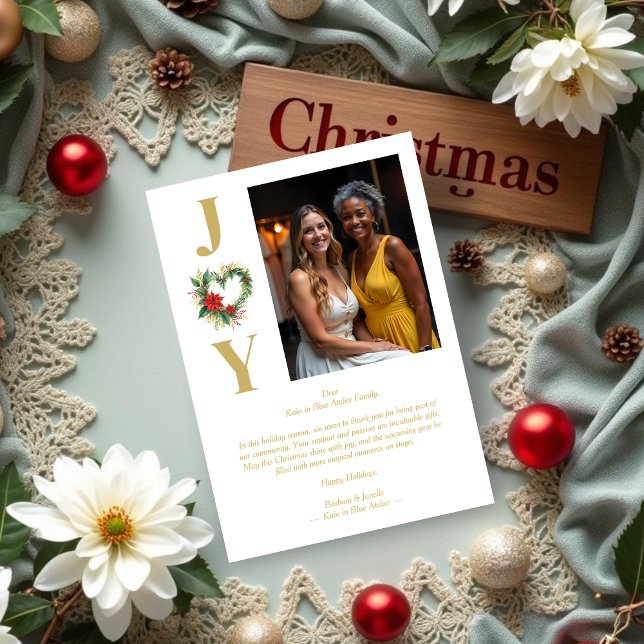 Tarjeta Festiva Cute Christmas Heart Floral Wreath Gold Business (Cute Christmas Heart Floral Wreath Gold Business Business Holidays Cards with Photo.)