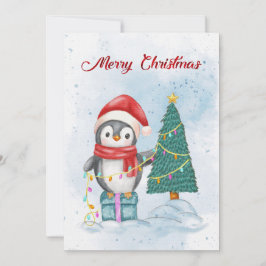 Tarjeta Festiva Cute Christmas Penguin Decorating Tree with Lights