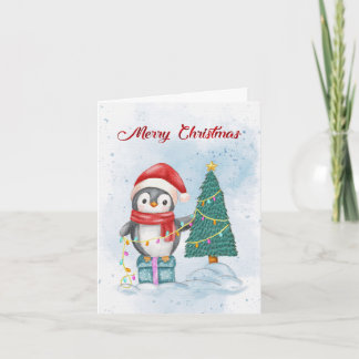 Tarjeta Festiva Cute Christmas Penguin Decorating Tree with Lights