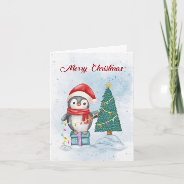 Tarjeta Festiva Cute Christmas Penguin Decorating Tree with Lights (Anverso)