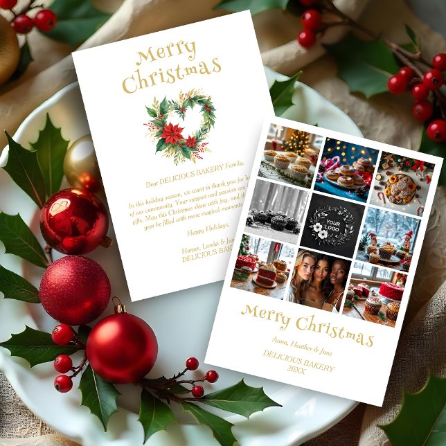 Tarjeta Festiva Cute Collage Christmas Wreath Heart-Shape Floral  (Cute Collage Christmas Wreath Heart-Shape Floral Red & Gold 8 Photos Business Holidays Cards.)