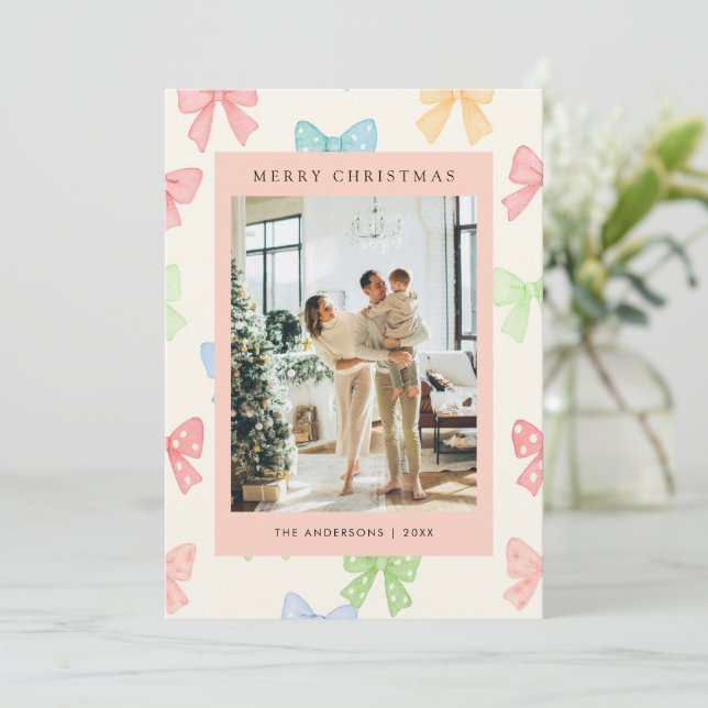 Tarjeta Festiva Cute Colorful Bow Pattern 5 Photo Christmas (Anverso de pie)
