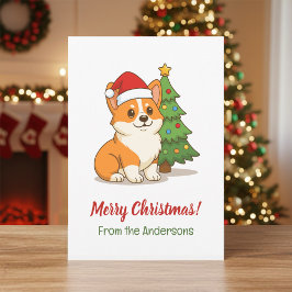 Tarjeta Festiva Cute Corgi Dog in a Red Hat with Christmas Tree