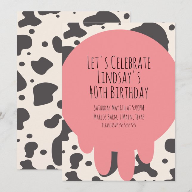 Tarjeta Festiva Cute Cow Print Adult Fiesta 40 cumpleaños (Anverso / Reverso)