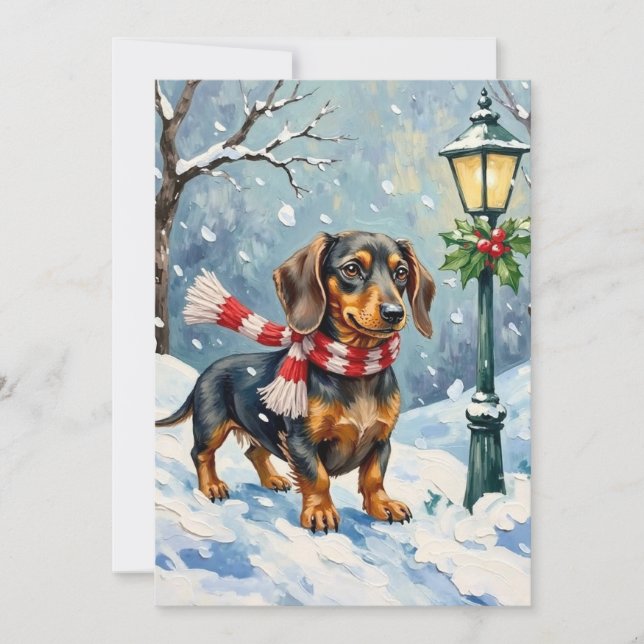 Tarjeta Festiva Cute Dachshund Puppy Cozy Winter Scarf Art (Anverso)