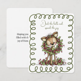 Tarjeta Festiva Cute Deer Wearing a Christmas Wreath Green and Red