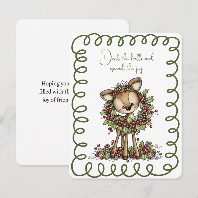 Tarjeta Festiva Cute Deer Wearing a Christmas Wreath Green and Red (Anverso / Reverso)