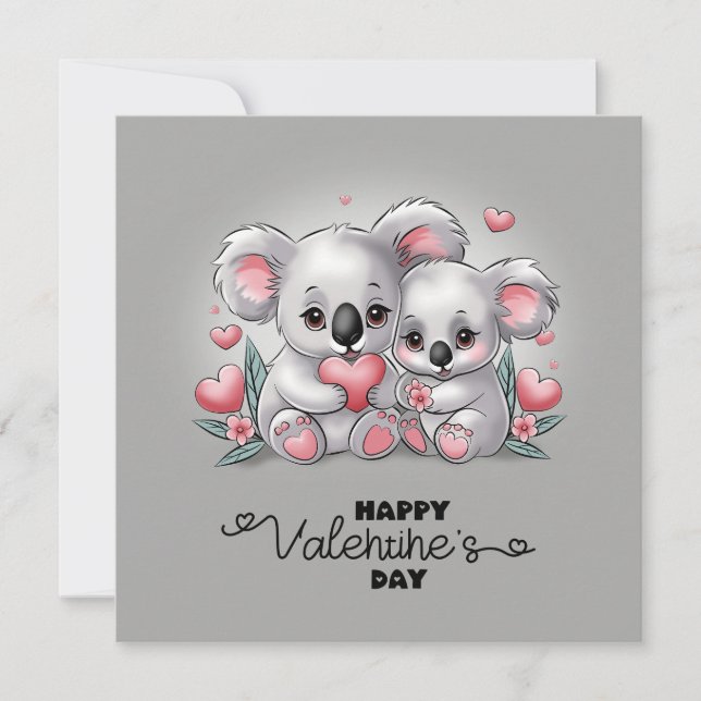 Tarjeta Festiva Cute Dibujos de Koalas Amantes Corazones Día de Sa (Anverso)