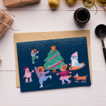 Cute Dogs Ice Skating Dark Blue Holiday Card