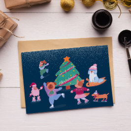 Tarjeta Festiva Cute Dogs Ice Skating Dark Blue Holiday Card