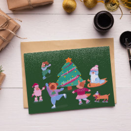 Tarjeta Festiva Cute Dogs Ice Skating Dark Green Holiday Card