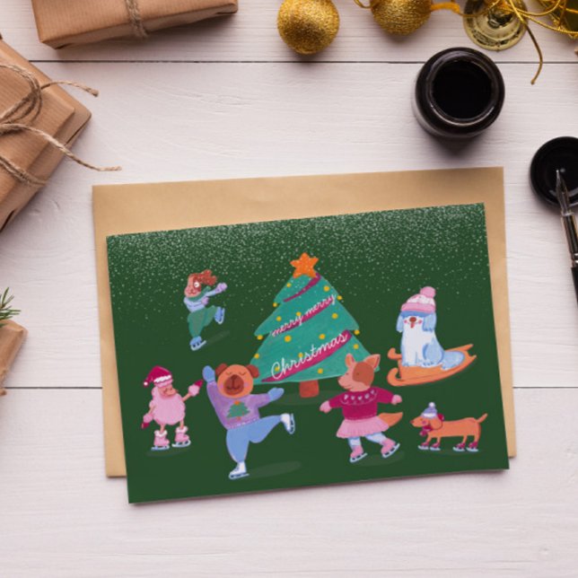 Tarjeta Festiva Cute Dogs Ice Skating Dark Green Holiday Card (Subido por el creador)