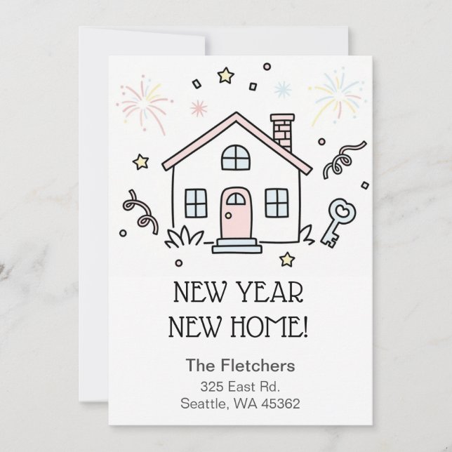 Tarjeta Festiva Cute Doodle New Year New Home Moving  (Anverso)