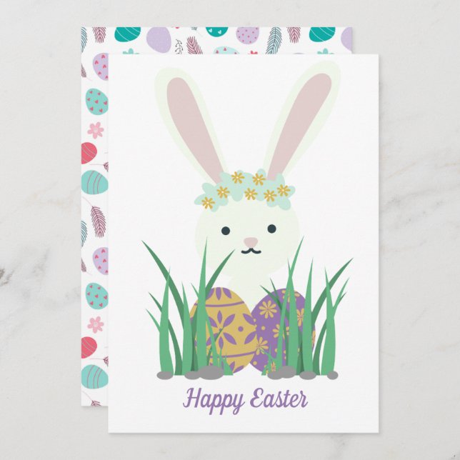 Tarjeta Festiva Cute Easter Bunny & Eggs Spring (Anverso / Reverso)