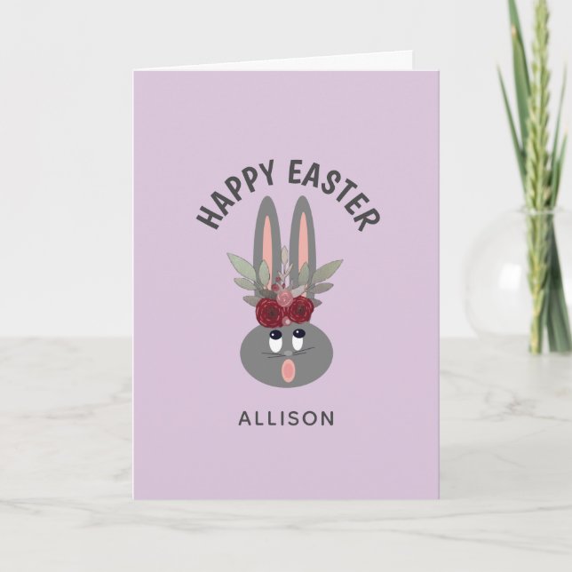 Tarjeta Festiva Cute Easter Bunny Purple Floral Personalizado (Anverso)