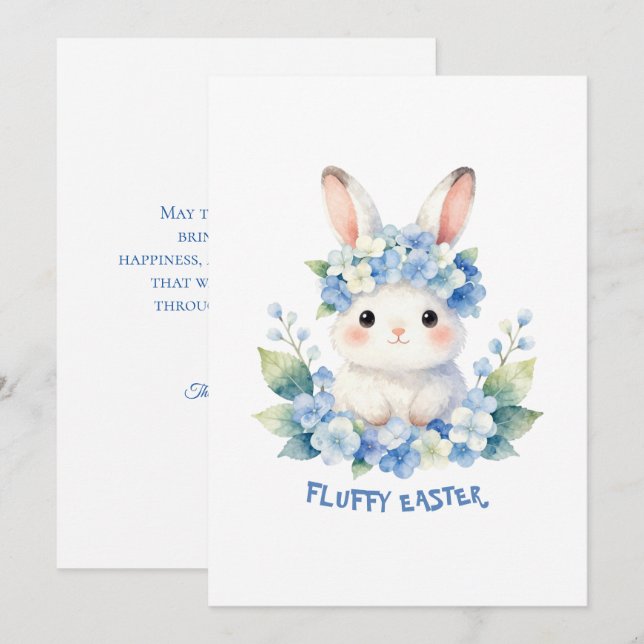 Tarjeta Festiva Cute Easter Bunny Watercolor with Hydrangea (Anverso / Reverso)