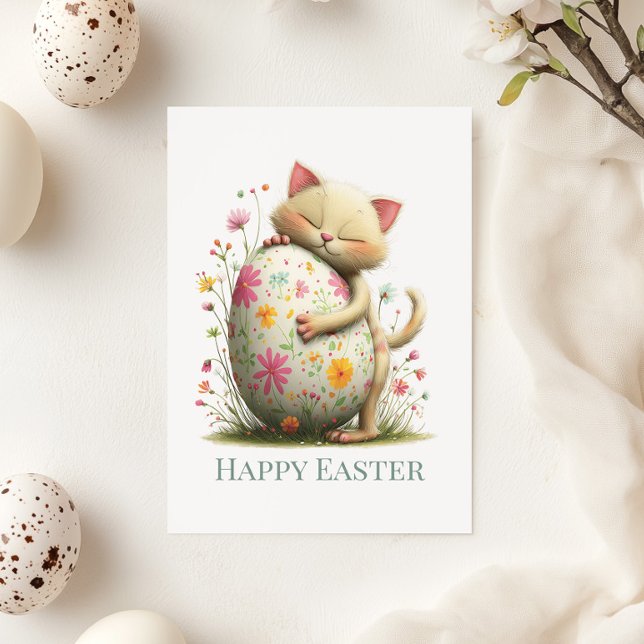 Tarjeta Festiva Cute Easter Cat Flat Greeting Card (Cute Easter Cat Flat Greeting Card on a sunny table with Easter and Spring decor)