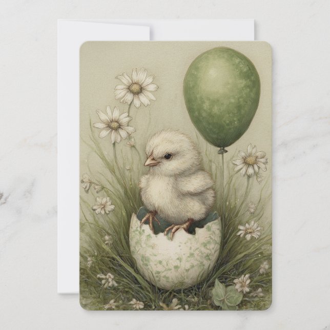 Tarjeta Festiva Cute Easter Chick with Easter Egg Spring Daisies (Anverso)