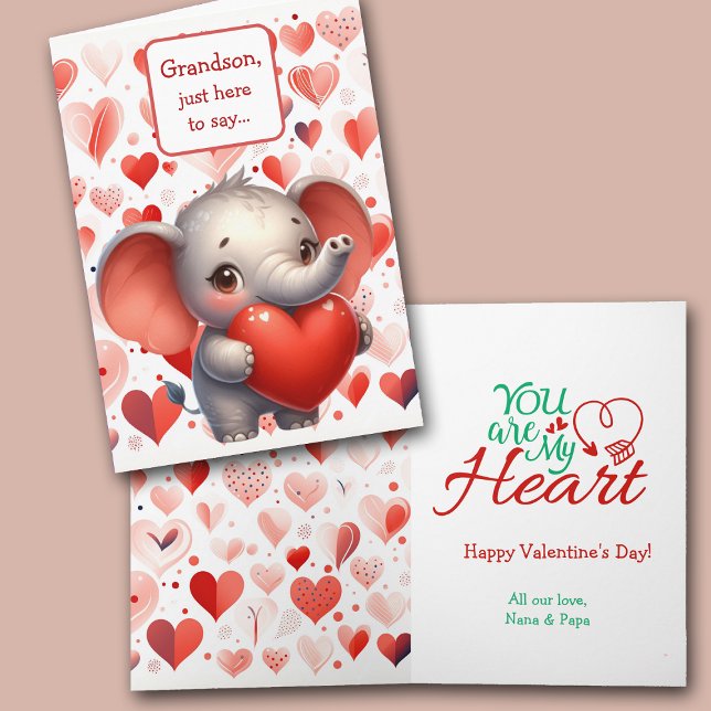Tarjeta Festiva Cute Elephant Red Heart Grandson Valentine (Subido por el creador)
