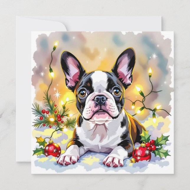 Tarjeta Festiva Cute Festive Boston Terrier Personalized Christmas (Anverso)