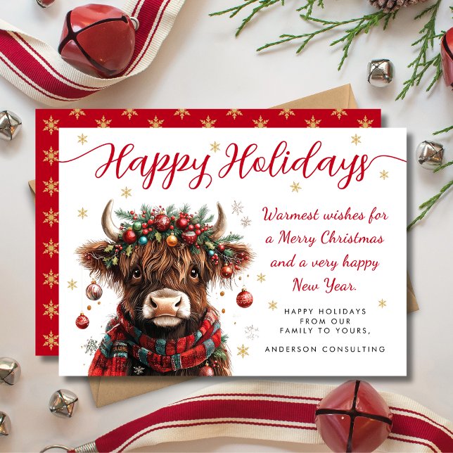 Tarjeta Festiva Cute Festive Highland Cow Happy Holidays Business (Subido por el creador)