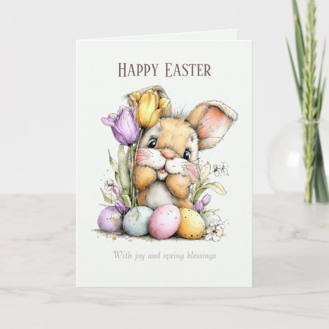 Tarjeta Festiva Cute Fluffy Bunny Funny Easter Card, Pastel Blue (Anverso)