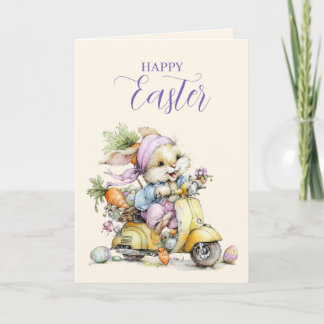 Tarjeta Festiva Cute Fluffy Bunny in a Scooter Happy Easter Card