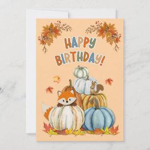 Tarjeta Festiva Cute Fox y Retro Pumpkins Fall Cumpleaños