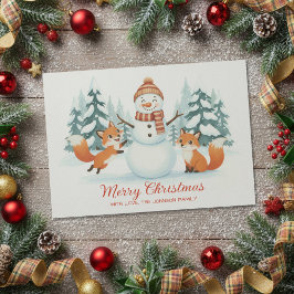 Tarjeta Festiva Cute Foxes and Snowman Merry Christmas