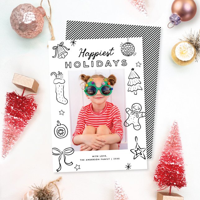 Tarjeta Festiva Cute Fun Doodles Black & White Christmas Photo (Subido por el creador)