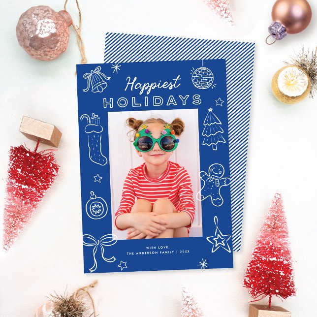 Tarjeta Festiva Cute Fun Doodles Blue Christmas Photo (Subido por el creador)
