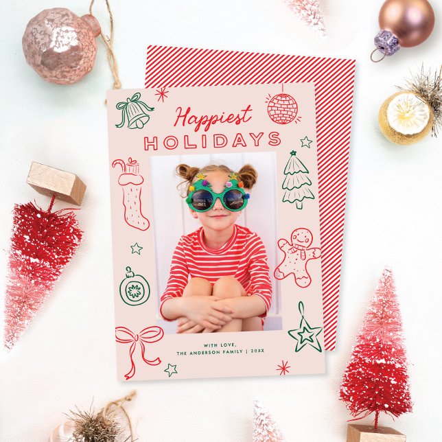 Tarjeta Festiva Cute Fun Doodles Pink Red Green Christmas Photo (Subido por el creador)