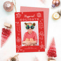 Cute Fun Doodles Red Christmas Photo Holiday Card